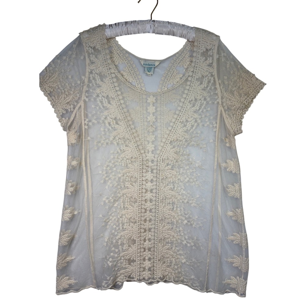 Sundance Embroidered Mesh Lace Top Women Large Cream EUC Boho V-Neck Blouse